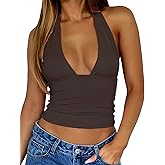 TiulZial Womens Backless Halter Tops Deep V Neck Sexy Crop Tank Top Open Back Sleeveless Slim Fit Y2k Summer Tops