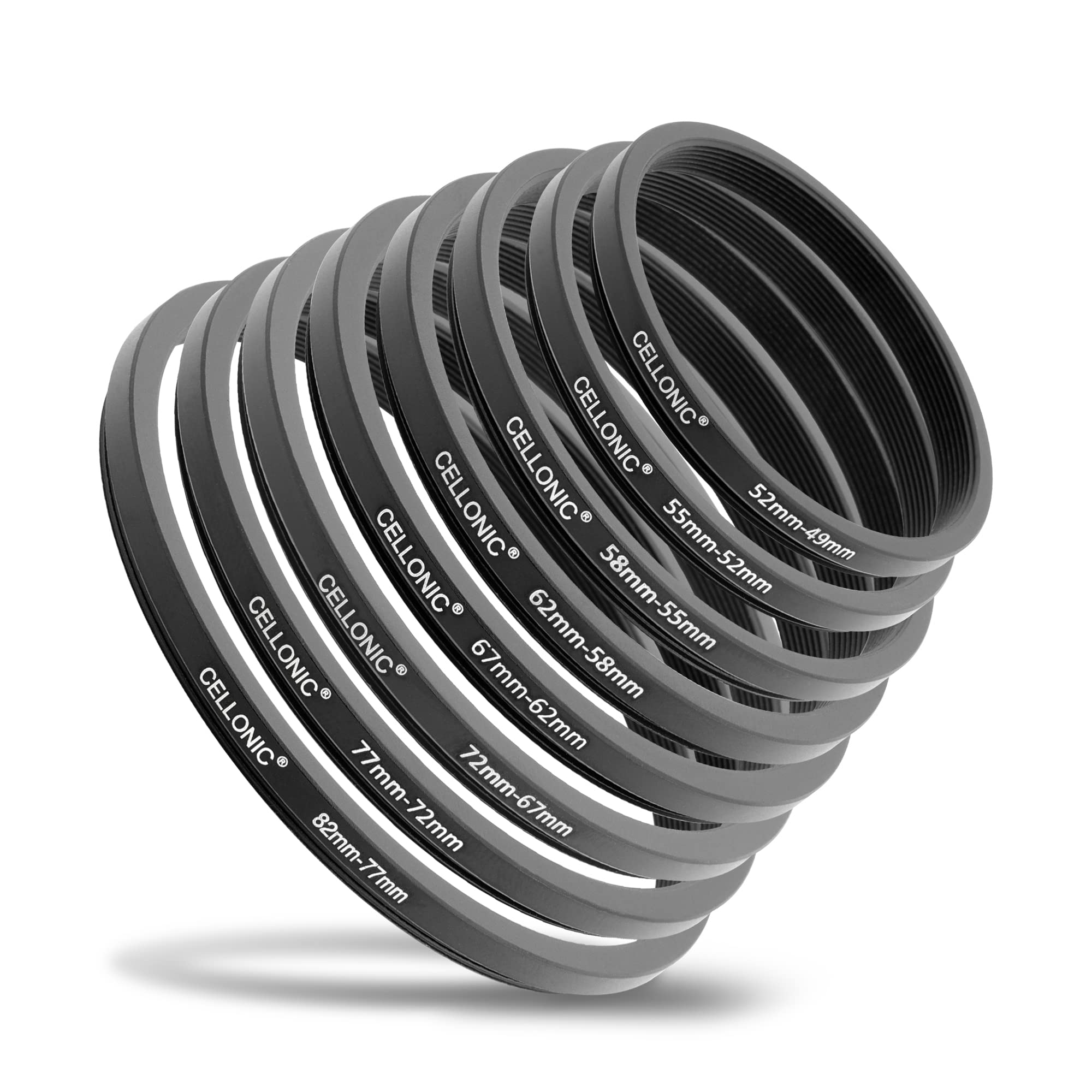 CELLONIC 8-Piece Step Down Ring Set Lens Filter Stepping Down Adapter Ring Mount Adapter Kit 52-49mm, 55-52mm, 58-55mm, 62-58mm, 67-62mm, 72-67mm, 77-72mm, 82-77mm Filters, Hoods, Lens Converters