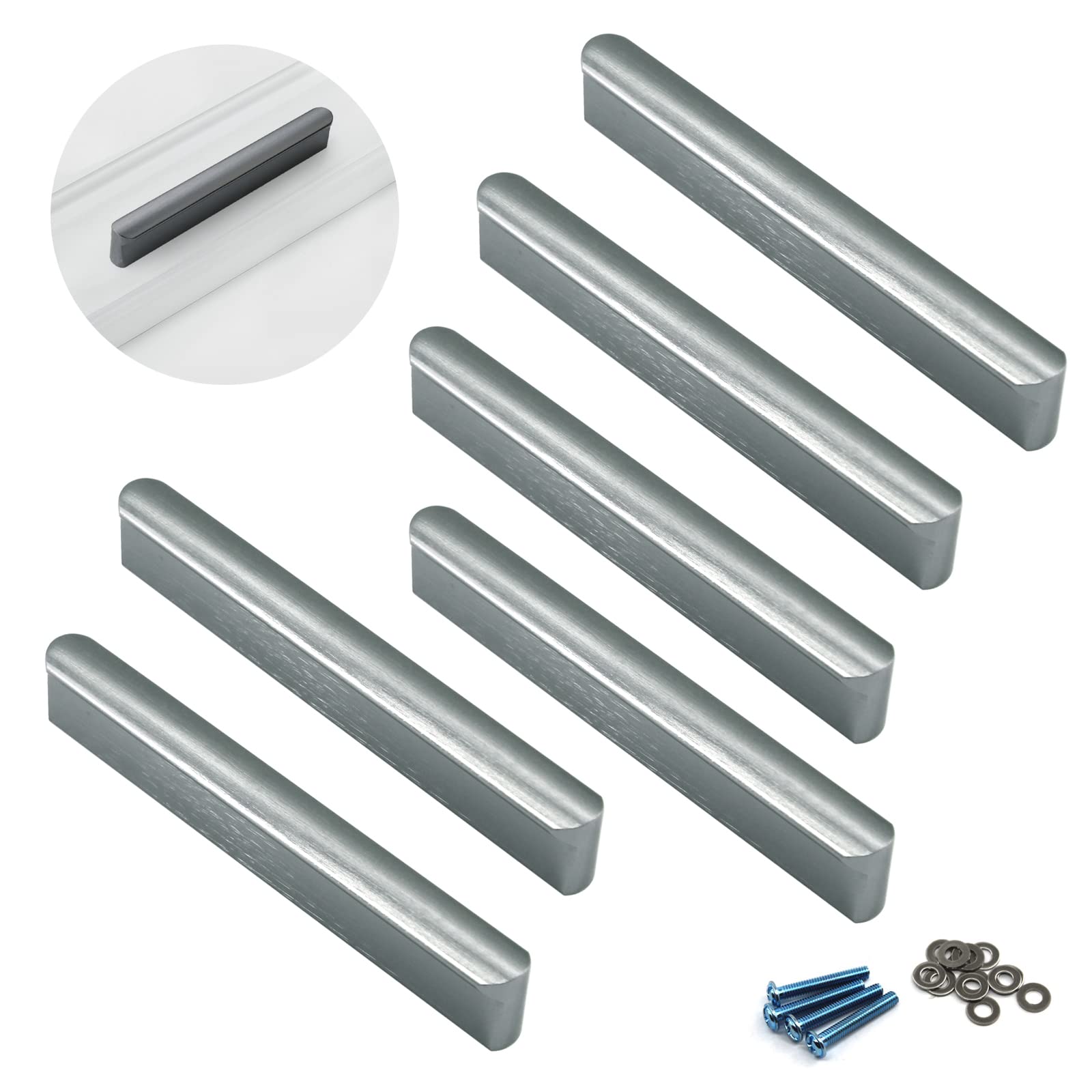 Zerniple Length 185mm Grey Drawer Dresser Handle Pull Solid Aluminium Alloy Glossy Drawer Wardrobe Handle Pull Kitchen Cabinet Handle Cupboard Knobs (Pack of 6)