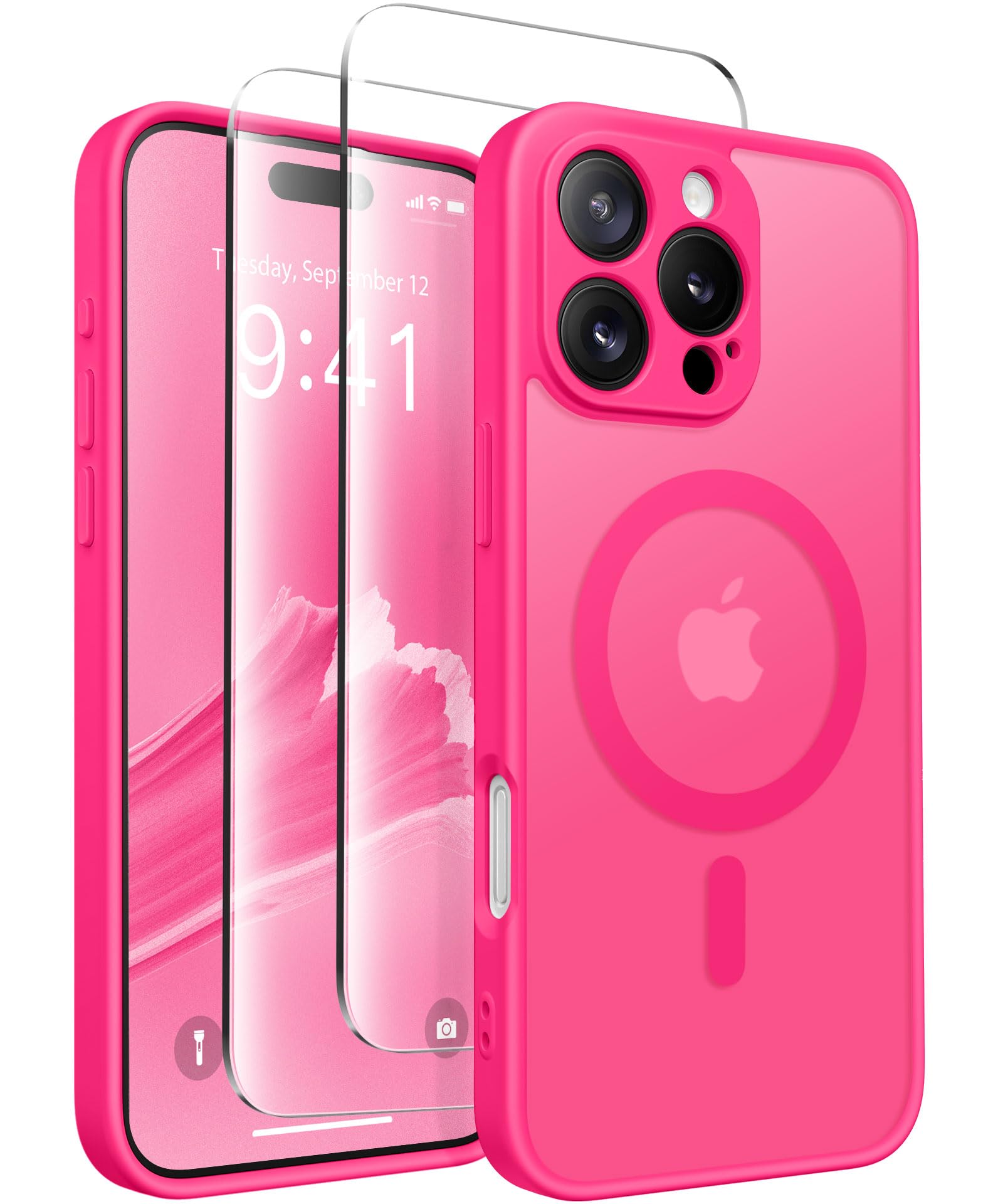 CAPRARO Magnetic Compatible with iPhone 16 Pro Max Case, Upgraded [Full Camera Protection] [Compatible with MagSafe] Protective Translucent Matte Women Phone Case Cover, Hot Pink