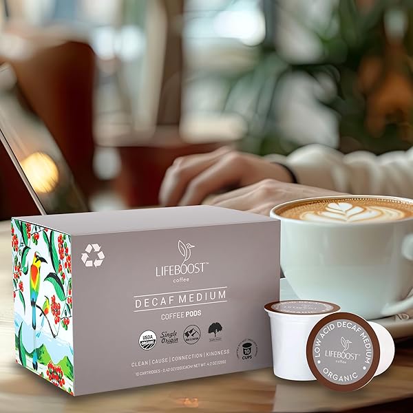 LIFEBOOST ORGANIC DECAF COFFEE K CUPS – LOW ACID SINGLE ORIGIN NON-GMO MOLD FREE DECAF COFFEE PODS COMPATIBLE WITH KEURIG & KEURIG 2 – THIRD PARTY TESTED FOR MYCOTOXINS AND PESTICIDES – 10 COUNT