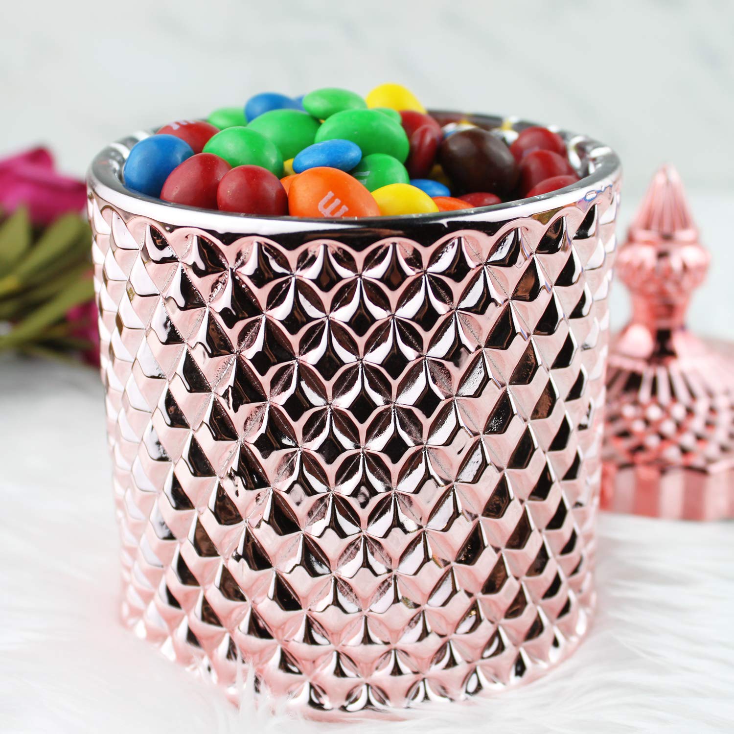 Candy Jar, Clear Glass Apothecary Container, Biscuit Barrel, Cookies Tin, Dry Food Storage Canister Crystal Weave Wedding Decorative Buffet Jars with Lid (Rose Gold, Large)