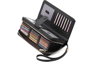 GAEKEAO Leather Credit Card Holder Wallet for Women RFID Blocking Large Capacity Bifold Zipper Card Case Organizer with Wristlet 45 Slots