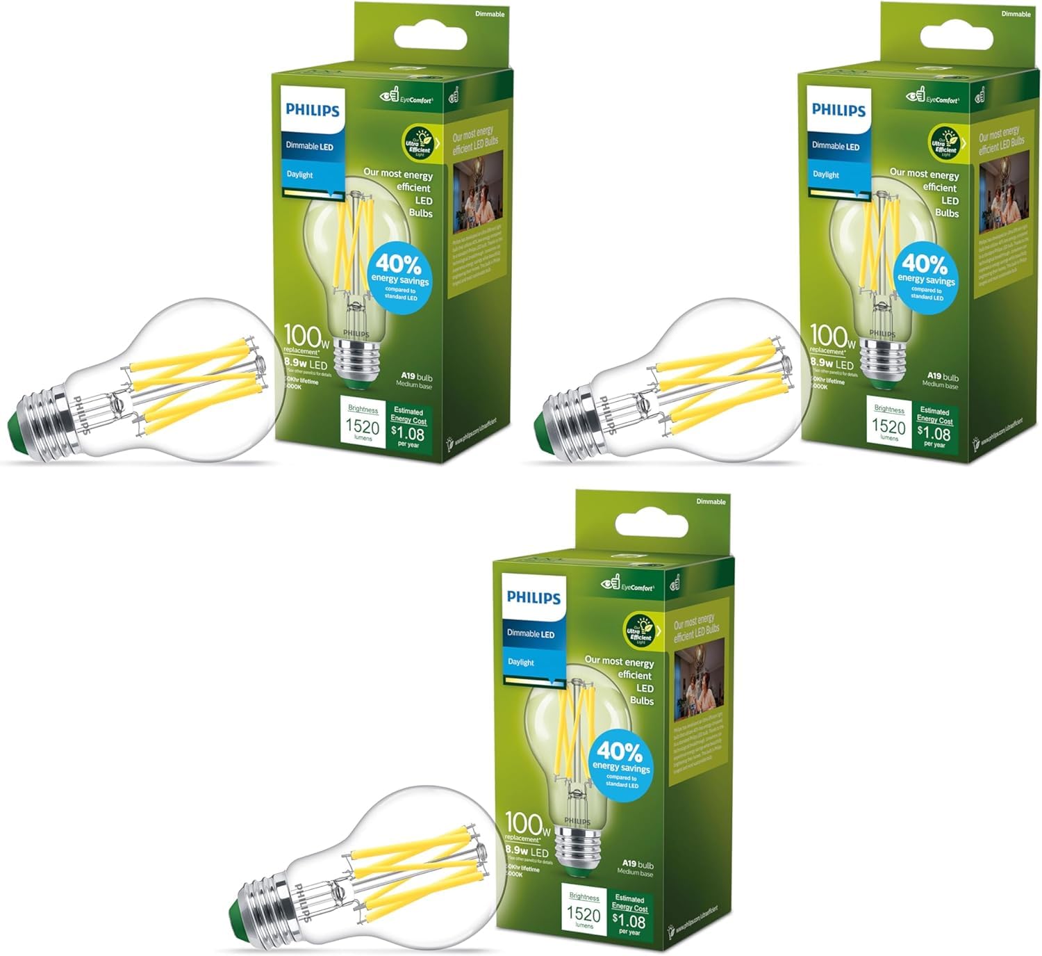 PHILIPS LED 100W A19 3-Pack Ultra Efficient Daylight LED Bulbs (5000K) 1520 Lumen (8.9W = 100W) Dimmable Clear Flicker-Free Light Bulbs