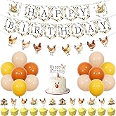 JOYMEMO Chicken Birthday Party Decorations - Chicken Happy Birthday Banner Cake Topper with Cupcake Toppers, Chicken Garland Latex Balloons for Farm Animal Theme Birthday Party Supplies