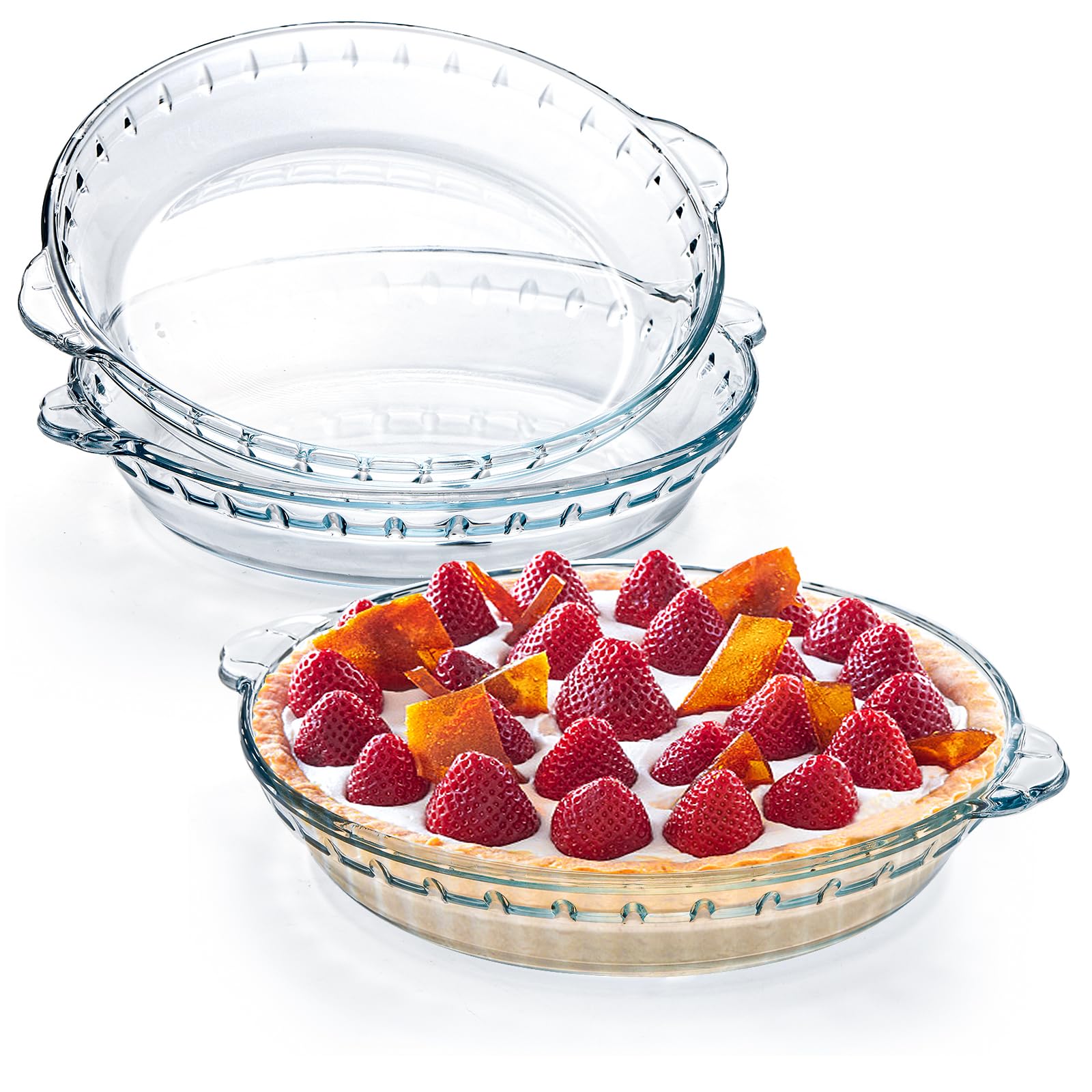 Photo 1 of Kingrol 3 Pack Glass Pie Plates with Handles, 9 Inches Baking Dishes, Clear Glass Serving Plates for Snacks, Salads, Desserts