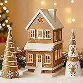GlikCeil 3 Pcs Christmas Gingerbread House and Cone Trees Resin Christmas Tabletop Decorations Village Cottage Church Gingerbread House Figurines for Xmas Gifts Winter Mantel Shelf Home Decor