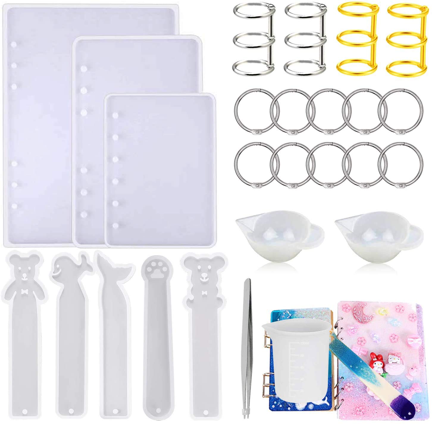 Woohome 26 PCS Notebook Cover Silicone Resin Molds Bookmark Resin Casting Molds Set with Book Rings, Tweezers and Silicone Measuring Cup for Notebook Bookmark Epoxy Resin DIY (A5 A6 A7)