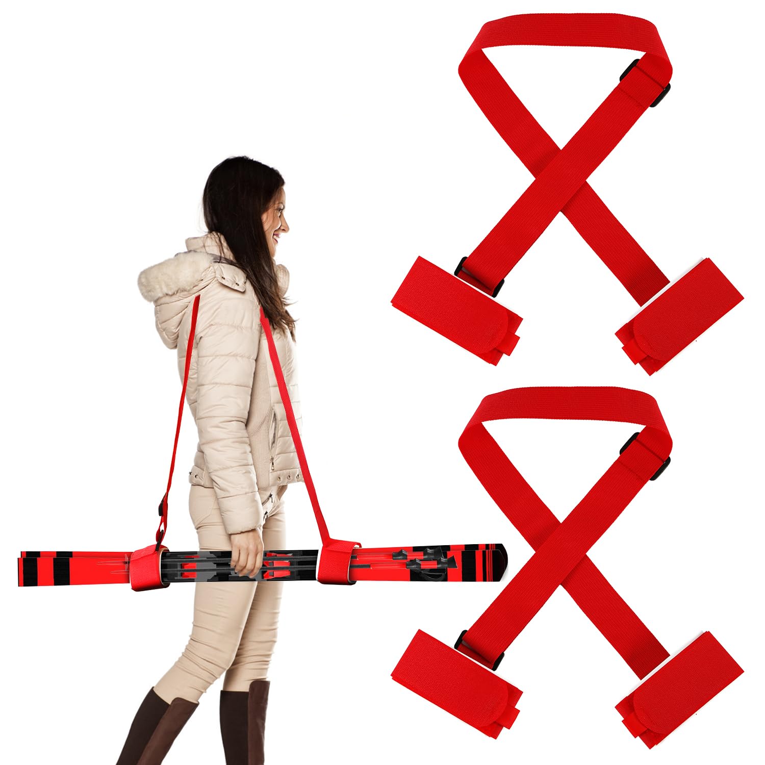 2 Pairs Ski Fastener Tapes, Adjustable Ski Boot Straps with Protector Pads Ski Carrier Straps Ski Wraps Ties Gear Storage for Ski Poles Boards Carrying Outdoor Winter Sports Accessories (Red)
