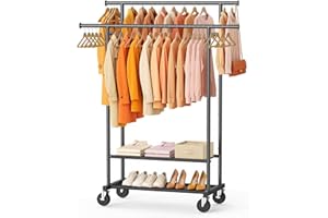 WATIOWL Double Rod Clothes Rack, Rolling Clothing Rack for Hanging Clothes Closet Rack with Wheels, Metal Portable Garment Rack with Double Shelves for Bedroom Laundry Living Room, Black