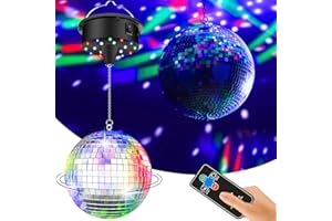 YCCOKJJ 10RPM Disco Ball with Motor and 6Inch Mirror Ball — Plug/Battery Operated Disco Motor with 18 LED Beads 4 Color Lights and Remote Control, for Birthday Party, Back to 70s Theme Party Atomosphere