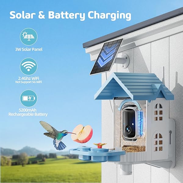 SMART BIRD FEEDER WITH CAMERA, 2K HD SOLAR POWERED BIRDHOUSE WITH CAM FOR OUTDOORS, AI IDENTIFY BIRDS SPECIES, AUTO CAPTURE & REAL-TIME NOTIFICATIONS (BLUE)