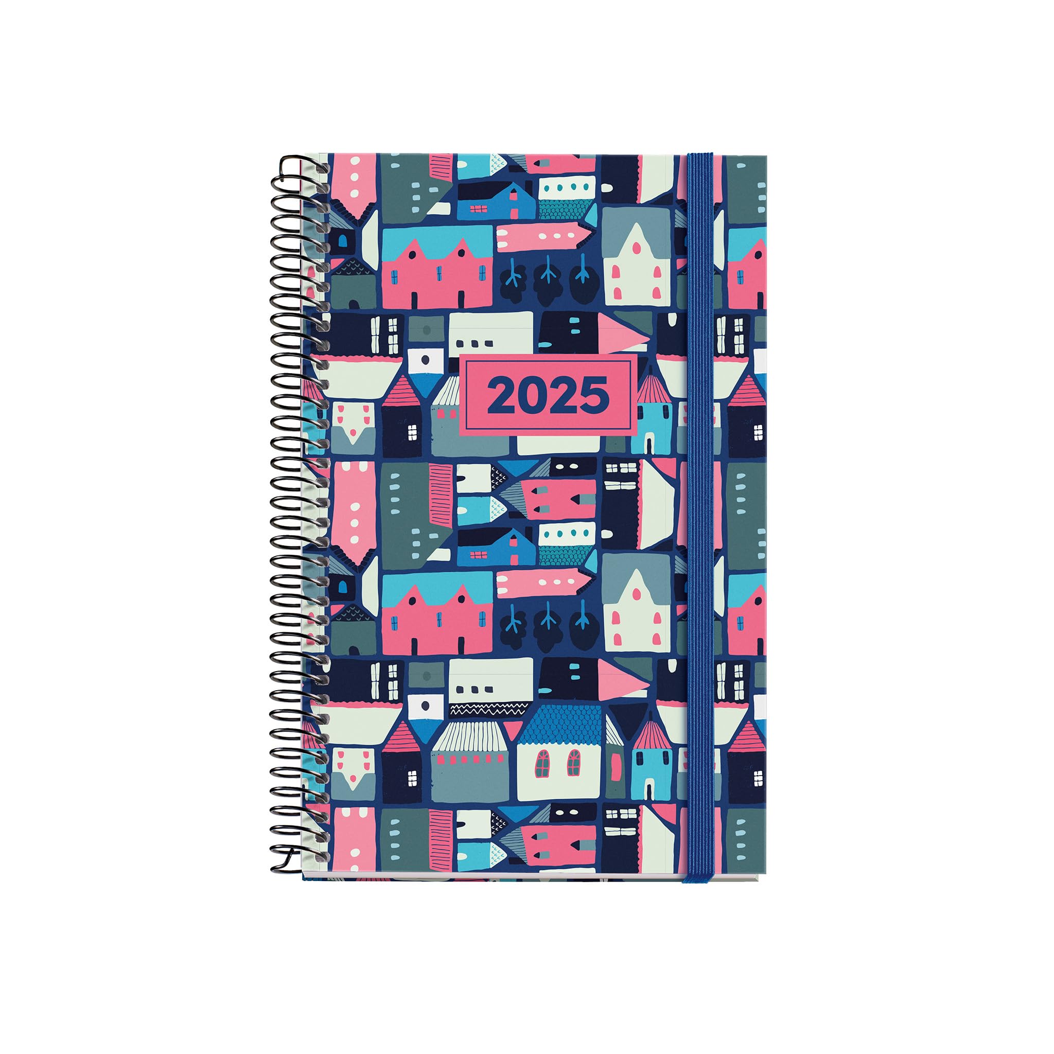 Miquelrius - 2025 Diary, Yearly Diary 117 x 182 mm, Day Page Agenda, Laminated Cardboard Cover, Spiral, Elastic Closure, Paper 80 g/m², Spanish, English and Portuguese, Villa
