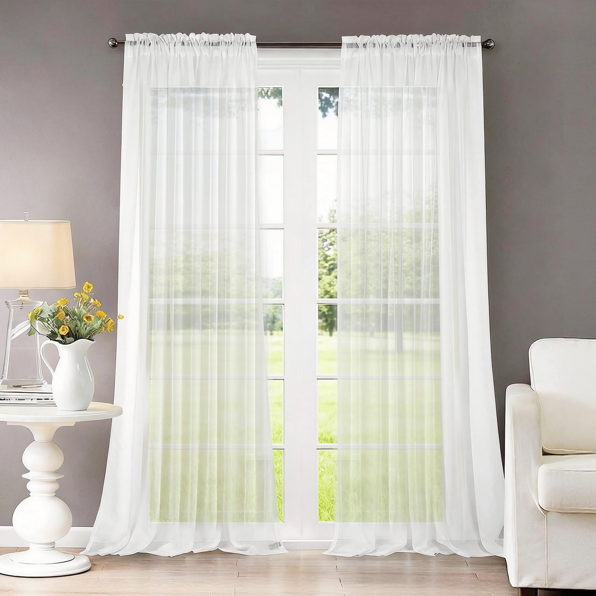 Dreaming Casa Solid Sheer Curtains White Rod Pocket Voile Draperies 96 Inches Long for Living Room 42" W x 96" L 2 Panels