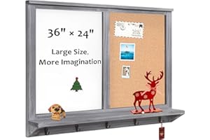TORASO Magnetic Whiteboard & Cork Board Combo, Wall-Mounted Message Board/Bulletin Board with Storage Display Shelf and 5 Key Holder Hooks, Decorative Entryway Family Board, Vintage Gray Frame