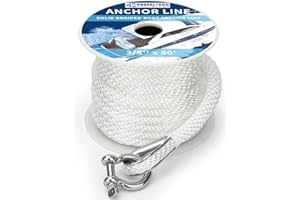 PropelTech Anchor Rope Braided Anchor Line(White, 3/8" x 50') Premium Solid Braid MFP Boat Rope with Stainless Steel Thimble & Shackle, Quality Marine Rope, Boat Accessories
