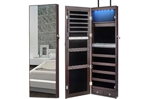 SCWF-GZ 47" H Jewelry Armoire Full Length Mirror Cabinet Storage Organizer w/LED Light Wall-Mounted/Door-Hanging Lockable for Bedroom Makeups Walnut