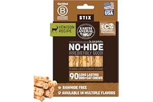 Earth Animal No Hide Stix Venison Flavored Natural Rawhide Free Dog Chews Long Lasting Chew Sticks | Treats for Small Dogs and Cats | Great for Aggressive Chewers - 90 Count