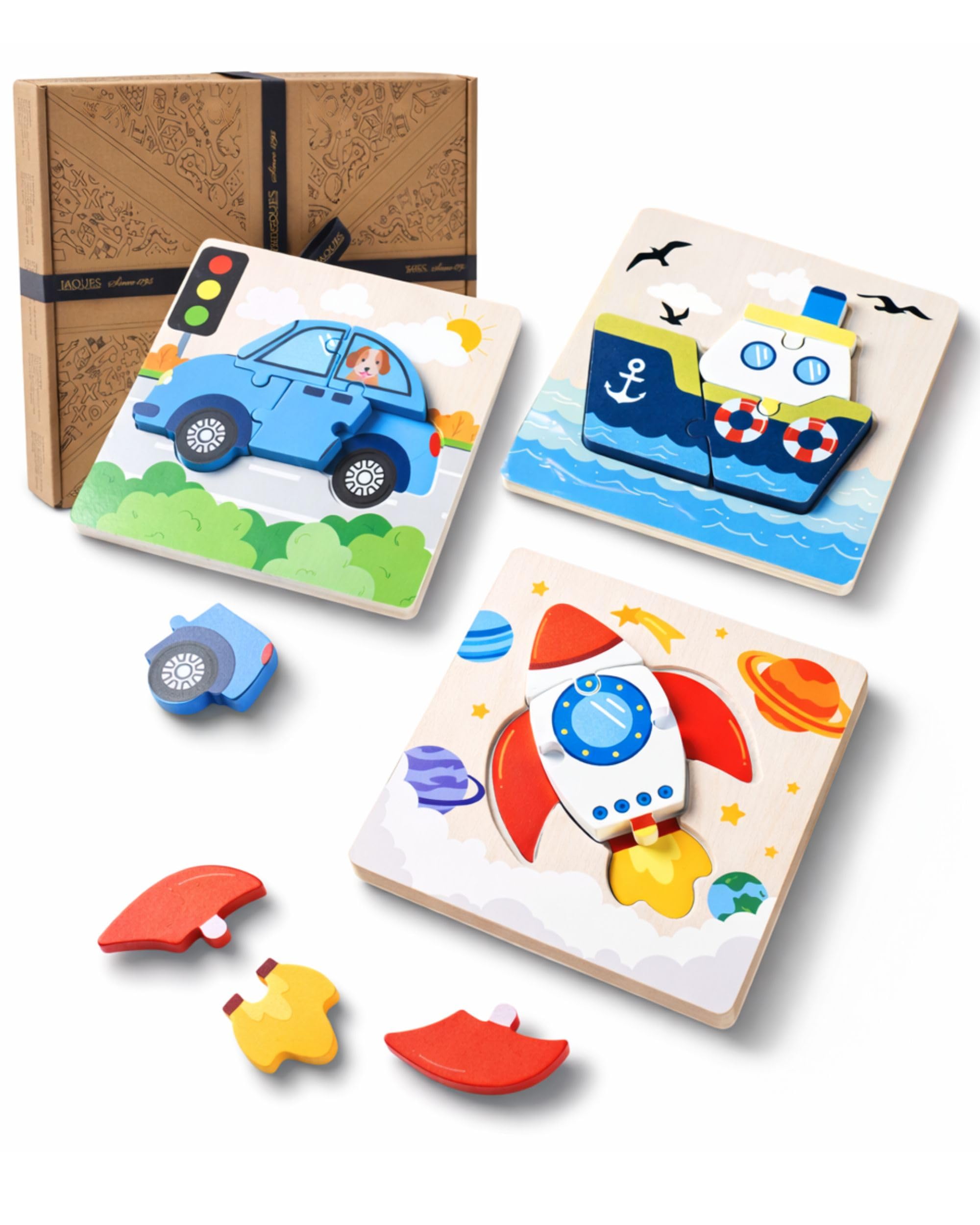 Jaques of London Vehicle Wooden Puzzles | Set of 3 Baby Jigsaws for 1 Year Olds + | Hand Finished Wooden Montessori Toys | Since 1795
