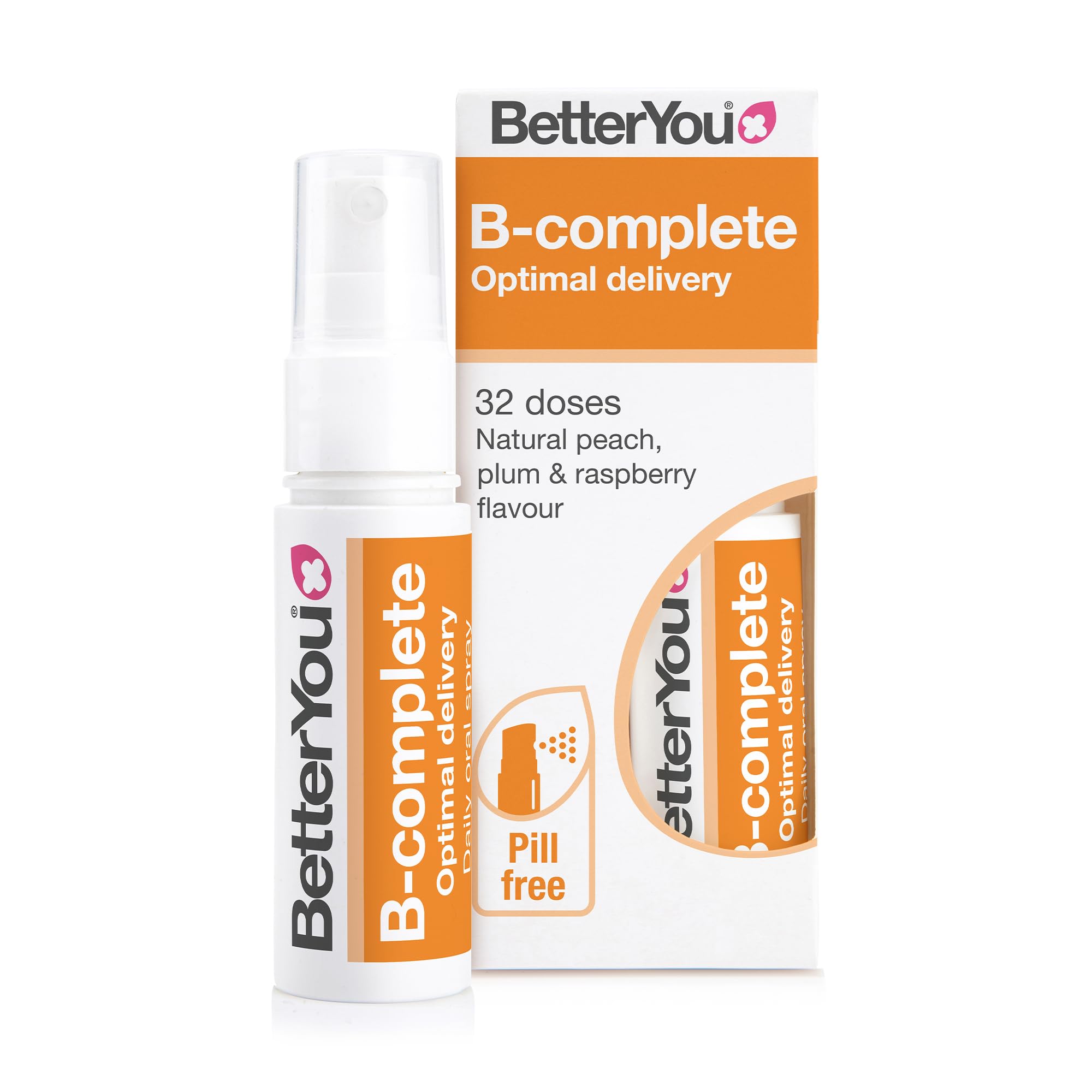 BetterYou B-Complete Oral Spray, Fast Acting B-Complex Supplement, High Strength Blend of All 8 B-Vitamins, Natural Peach, Plum & Raspberry Flavour, 1-Month Supply