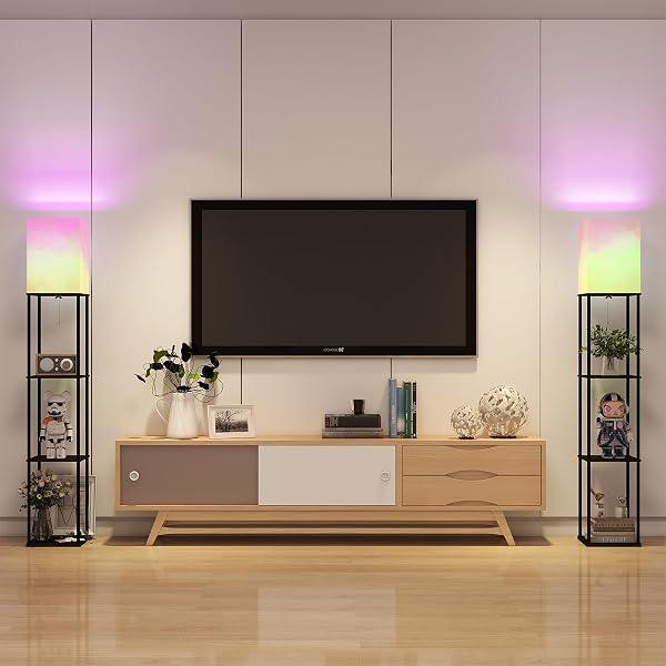 FLOOR LAMP WITH SHELVES, SMART APP CONTROL STANDING LAMP WITH RGB BULB, 4-TIER DIMMABLE FLOOR LAMPS FOR LIVING ROOM, TALL LAMP FOR BEDROOM, OFFICE, CORNER DISPLAY BOOKSHELF LAMP