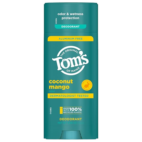 TOM’S OF MAINE COCONUT MANGO ALUMINUM FREE NATURAL DEODORANT FOR WOMEN & MEN | GOES ON CLEAR | ODOR & WETNESS PROTECTION | NATURALLY DERIVED AND MOISTURE-LOCKING INGREDIENTS | 3.25 OZ