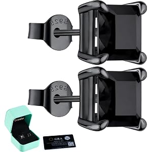Black Moissanite Stud Earrings for Men Women, VVS1 Lab Created Diamond Earrings S925 Sterling Silver, Princess & Round Cut Mo