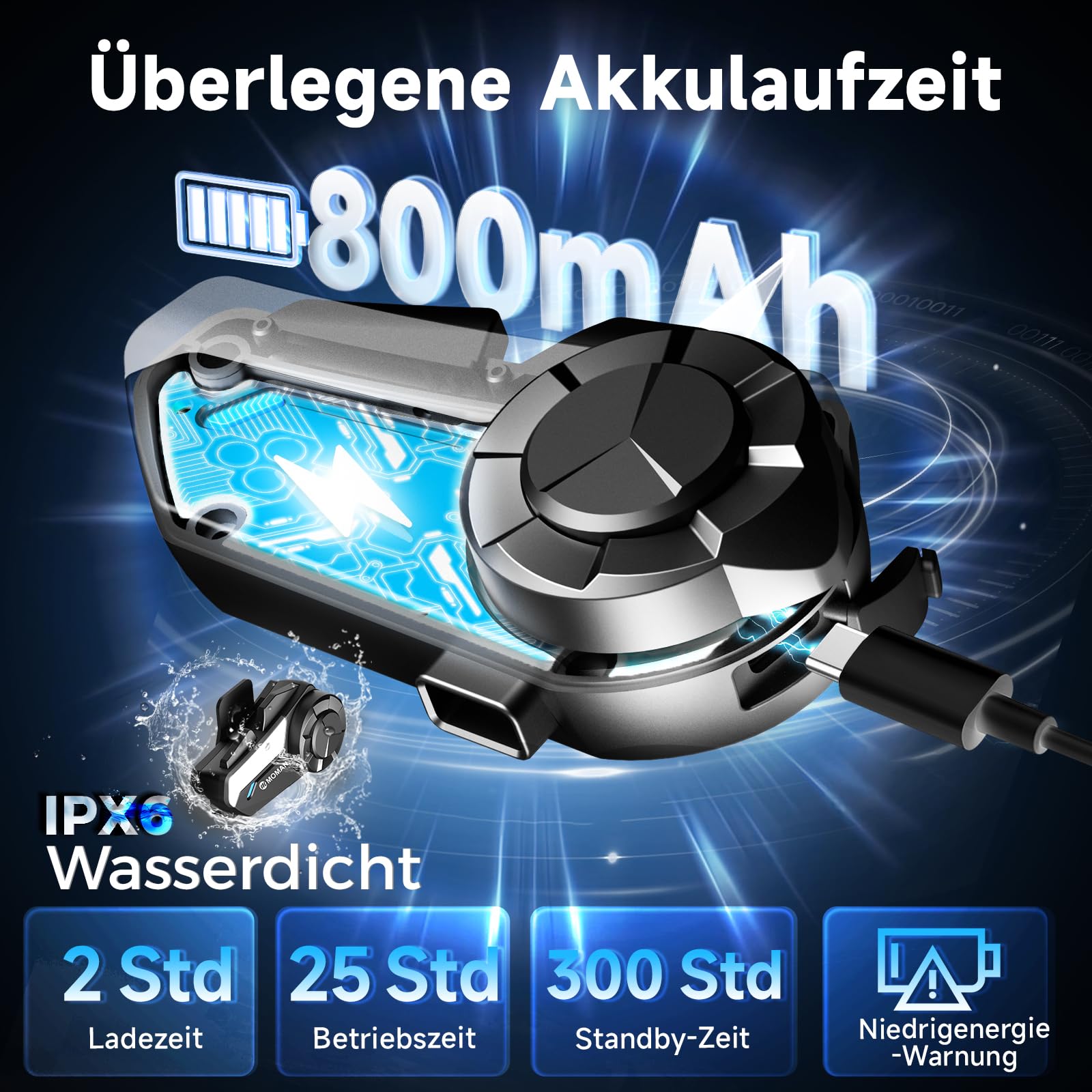 Moman Motorrad Intercom Headset, H2S 1000M Motorradhelm Kommunikationssystem ENC& DSP&CVC Geräuschreduzierung Multitasking-Audio Hi-Fi Stereo Musik Teilen FM AI Sprache IPX6 Wasserdicht (2 Pack) 9