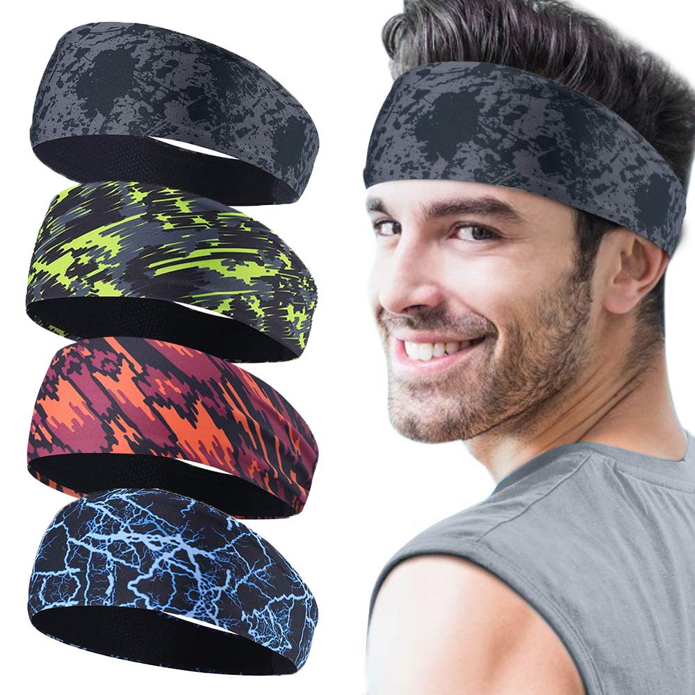 Sport headbands for men, 4 pack, sweatband and sports headband, moisture wicking, workout sweatbands for running, cross training, yoga