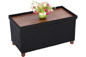 Ao Lei 30 Inches Storage Ottoman Bench, Storage Bench with Wooden Legs for Living Room Ottoman Foot Rest Removeable Lid for Bedroom End of Bed, Linen Fabric, Folding Black Ottoman