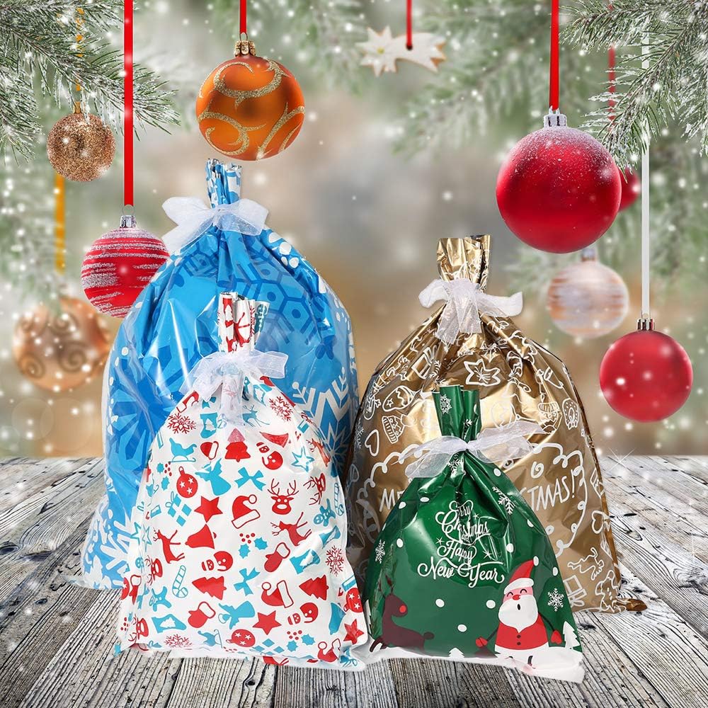 JTWEB 30pcs Bags Assorted Wrapping Bags Upgraded Christmas Goodie Bags with Ribbon Ties for Birthday Christmas Party