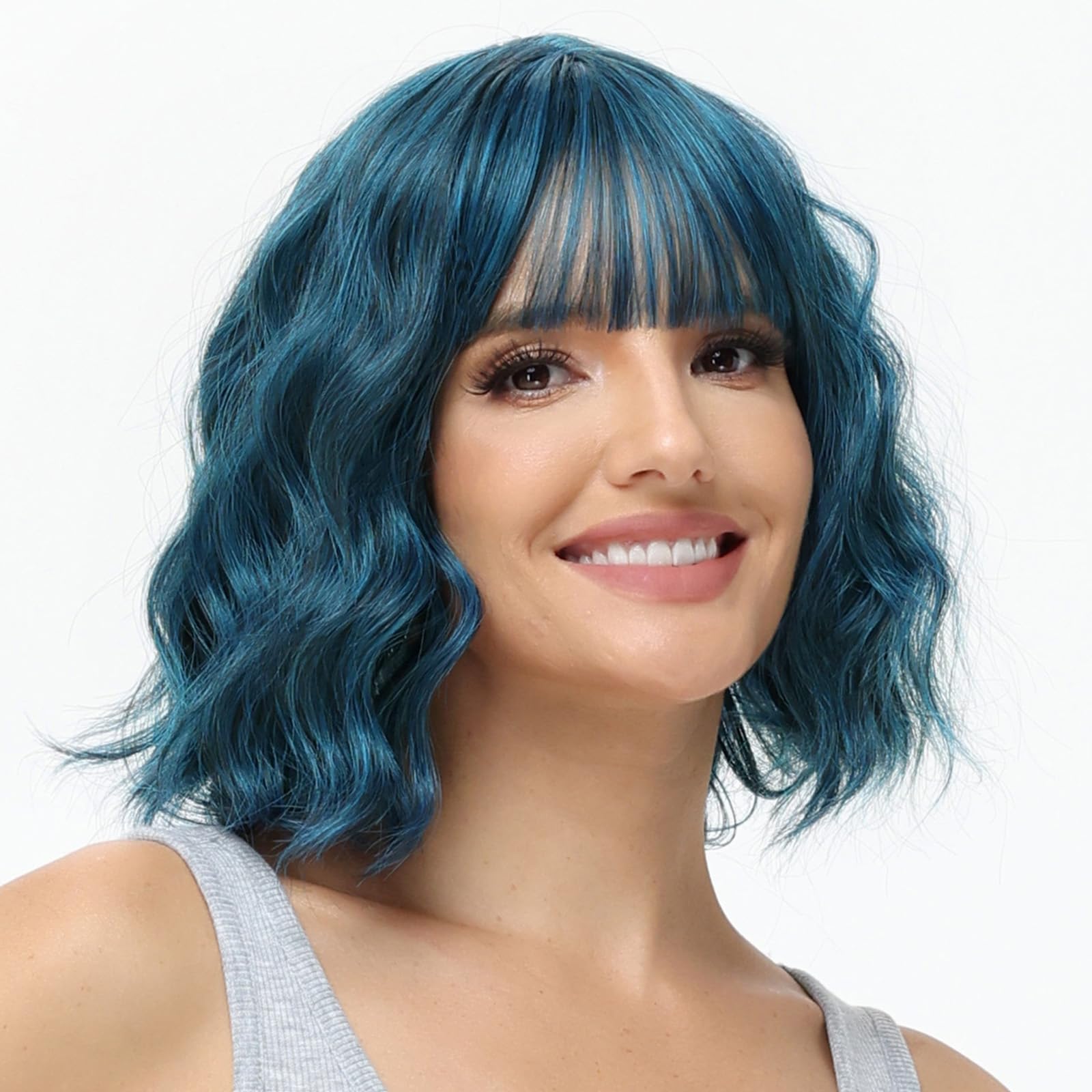 BUYOGET Wavy Bob Wig with Bangs Synthetic Hair Shoulder Length 12 Inch Short Curly Wigs for Women Natural Blue — image 1