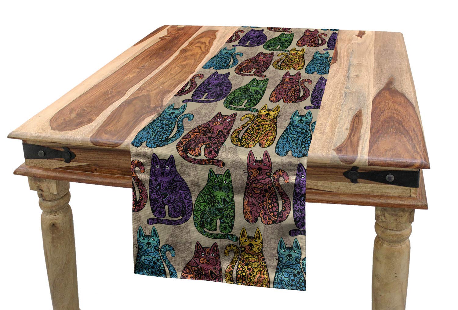 ABAKUHAUS Tattoo Table Runner, Colorful Cats, Dining Room Kitchen Rectangular Runner, 16 W X 72 L Inches, Multicolor