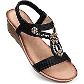 SHIBEVER Womens Wedge Sandals Flower Low Heel Dressy Sandals Elastic Ankle Strap Rhinestone Summer Comfortable Shoes