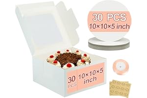 KGVZPT 30pcs Cake Boxes and 30 Pack 10 Inch Round Cake Boards,10x10x5 Inches White Square Bakery Boxes with Window Cajas Pasteles for Cookies Pies Cupcakes Pastry
