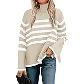 ZESICA Women's Winter Sweaters Casual Turtleneck Long Sleeve Striped Side Slit Loose Pullover Sweater Jumper Tops