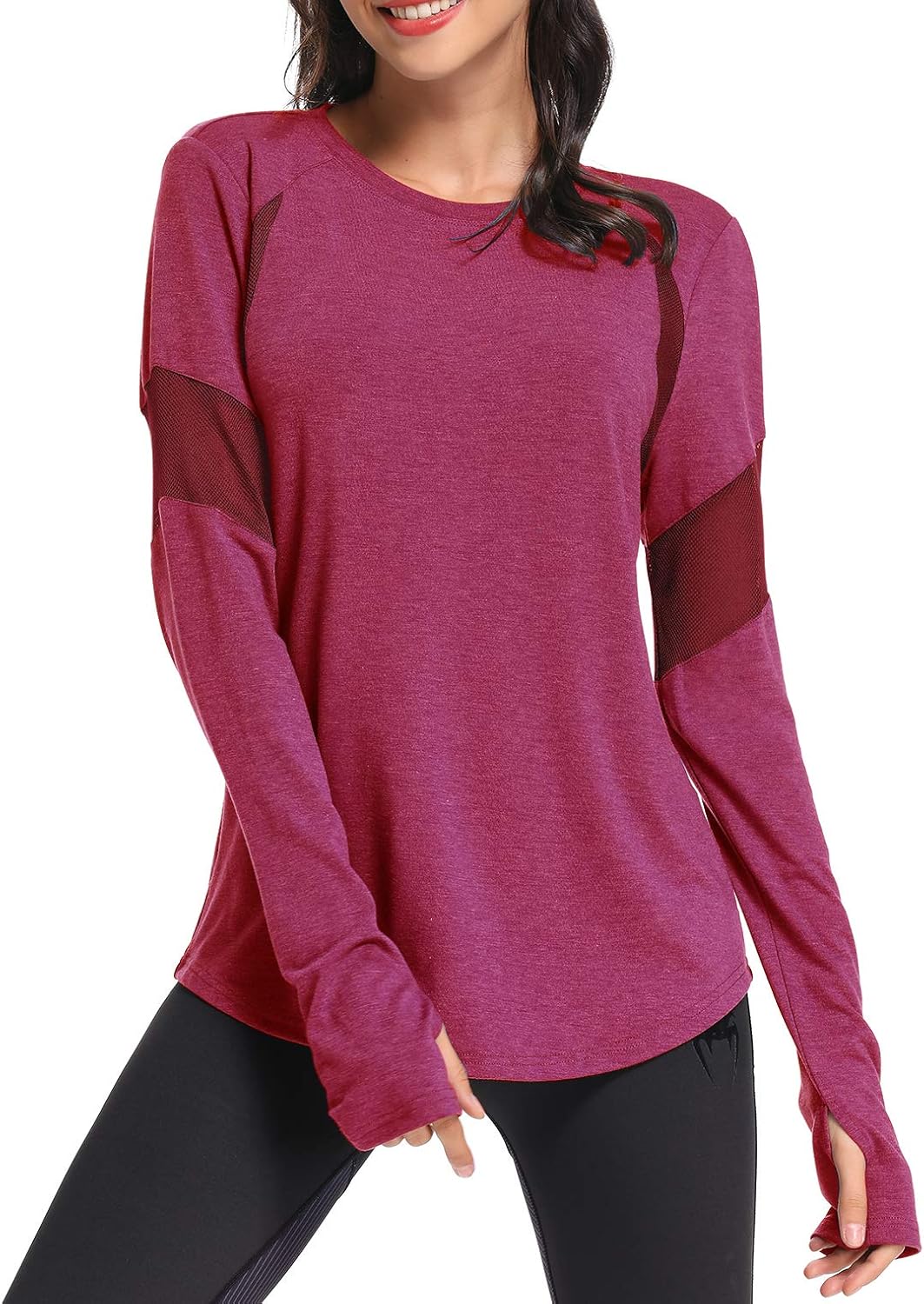 Muzniuer Womens Long Sleeve Workout Shirts-Plain Long Sleeve Tshirt for Women Yoga Sports T-Shirt Activewear with Thumb Hole: Clothing