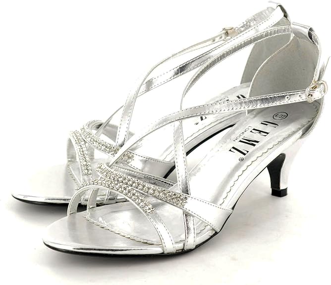Women's Silver Kitten Heel Diamante Evening Party Proms Bridesmaids