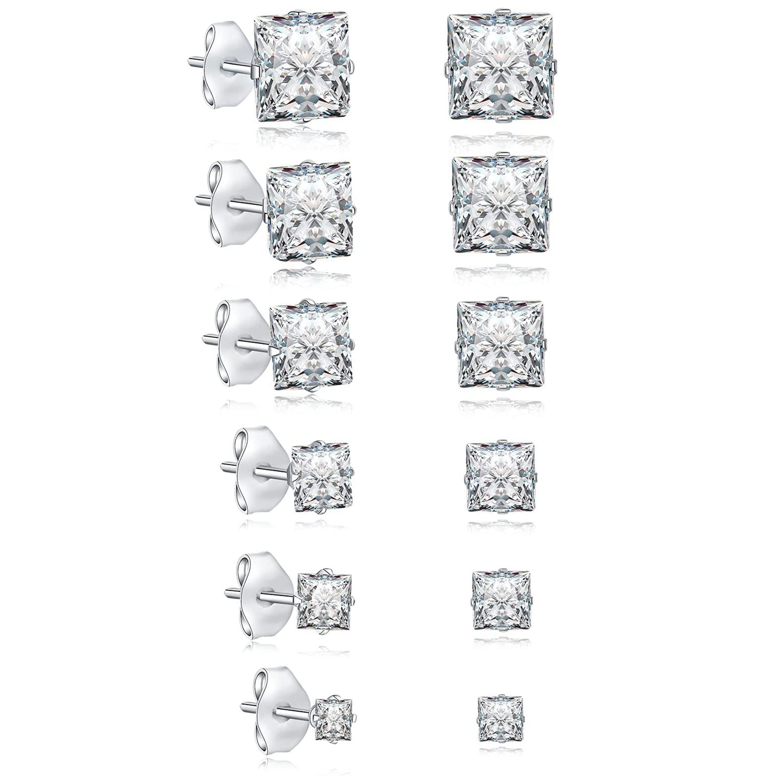 Stainless Steel Silver Stud Earring for Women, 6Pairs Men's Diamond Stud Earrings,Surgical Steel Hypoallergenice Earrings,Titanium Silver Earrings Set,Square Cubic Zirconia Stud Earrings — image 1