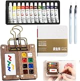 ZQuintuplian Pocket Watercolor Travel Kit, 12 Colors, 8 Wooden Grids view 1