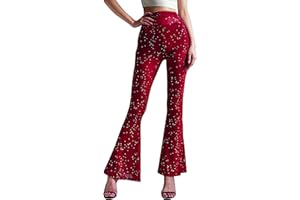 Anlaey Women's Rave Mesh Sheer Sparkly Pants Sequin Flared Bell Bottom Pants Sexy Rave Outfits for Festival Dance Clubwear