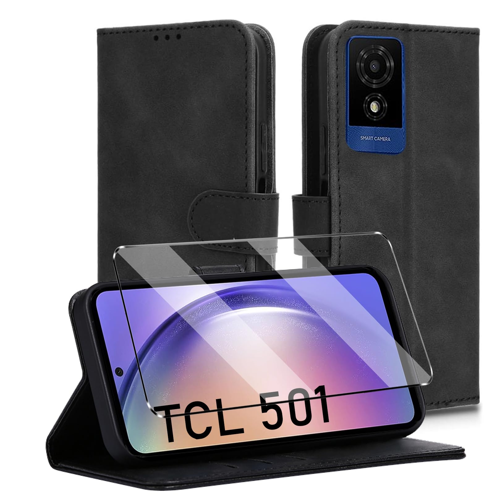 HuiYouMY 2-in-1 Case Compatible with TCL 501 Leather Phone Case, Wallet Case Cover [Card Slots] [Kickstand] Magnetic Closure Full Protection Book Folio Design wallet flip phone case - Black