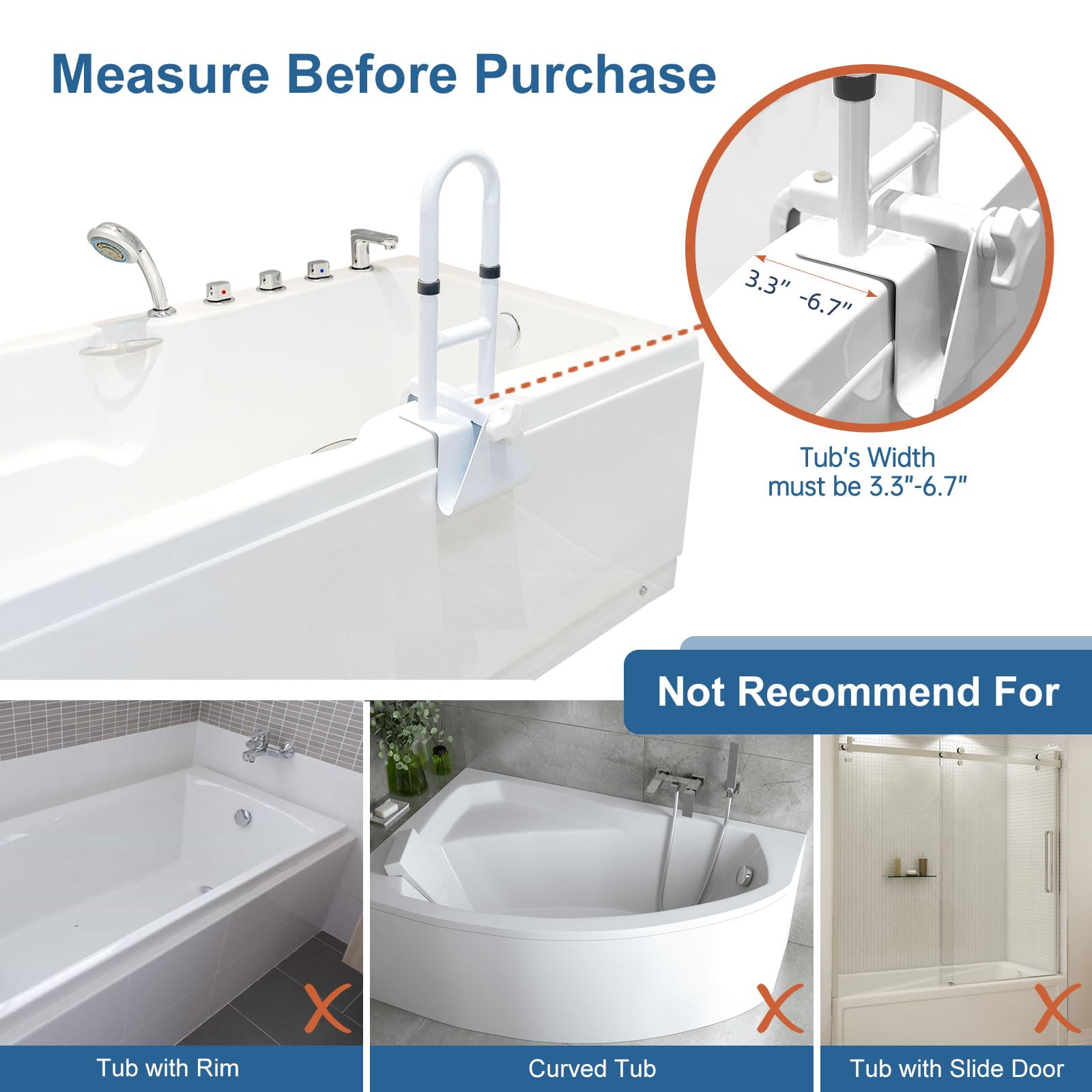 HEPO Grab Bars for Bathtubs and Showers, Adjustable Bathtub Safety Rail for Seniors, Tub Grab Bar for Bathroom, Assistance Bathtub Handle Clamp for Elderly Bath Support, White