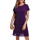 FEMI SEMI Women's Crewneck Sequin Shift Dress Short Sleeve Casual Holiday Sparkly Party Dress