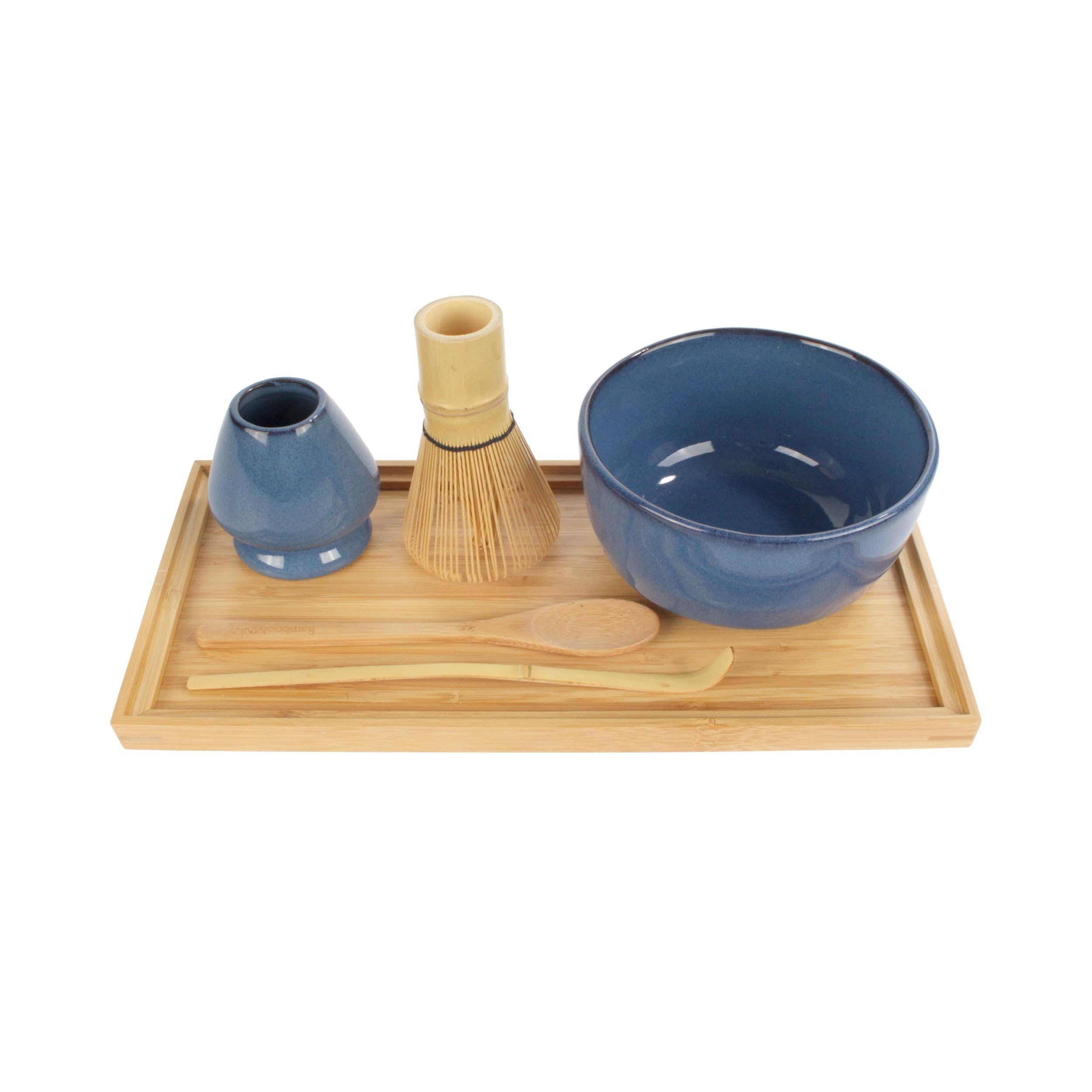 BambooMN Brand - Matcha Bowl Set (Includes Bowl, Rest,Tea Whisk, Chasaku, Tea Spoon & Tray) 1 Set Deep Blue