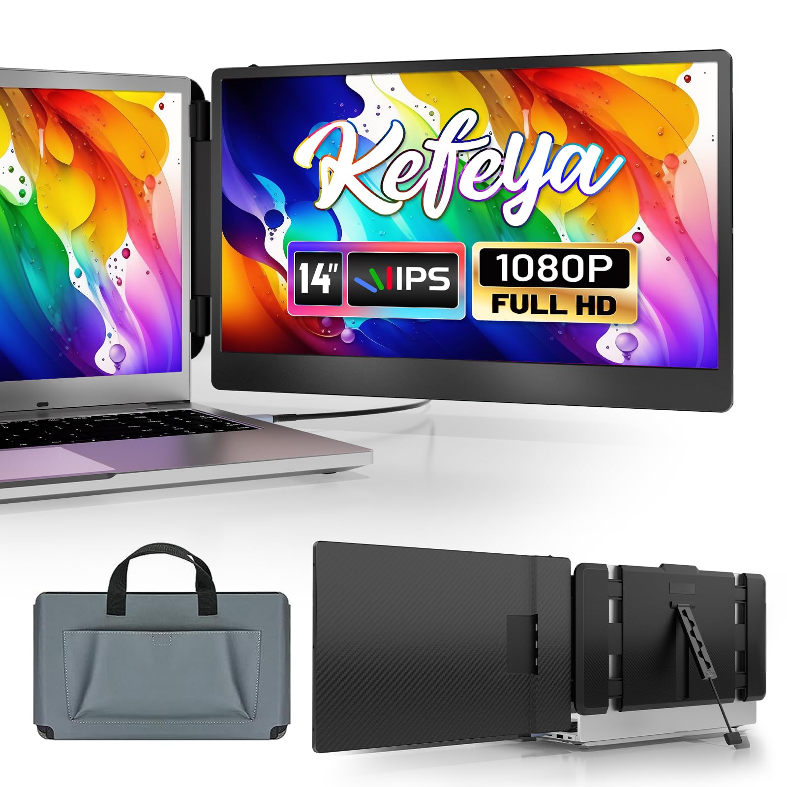 KEFEYA Portable Monitor for Laptop, 14” Laptop Screen Extender FHD 1080P IPS 300nit Dual Screen, Works with Mac Windows Android Chrome Linux, Built-in Speakers