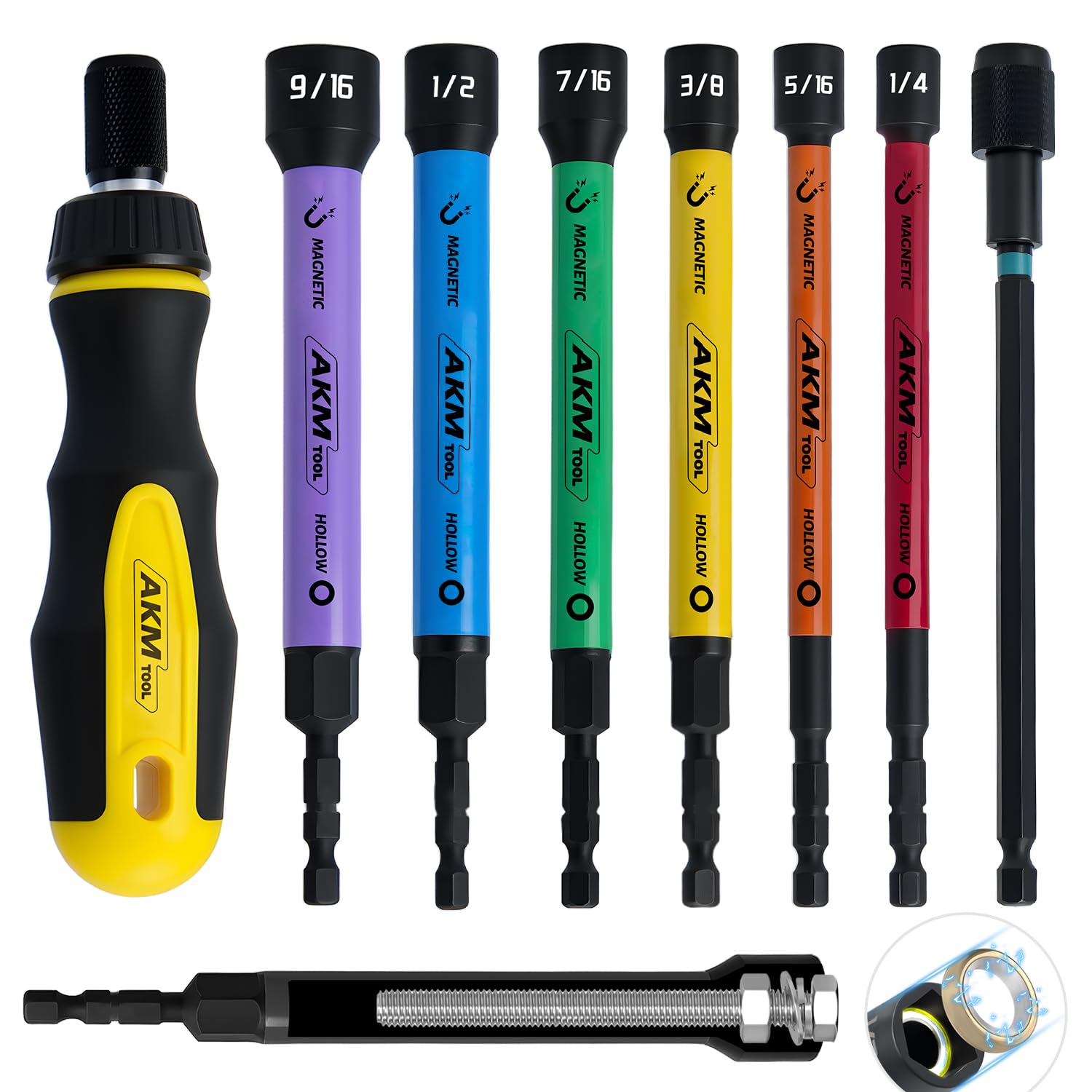 Photo 1 of AKM TOOL 8 PCS Hollow Nut Driver Set, Magnetic Nut Driver Set with Ratcheting Handle, Hollow Shaft Nut Driver Set, SAE, Color Coded, 1/4 to 9/16-Inch, Hollow Nut Driver with 5-Inch Extended Reach