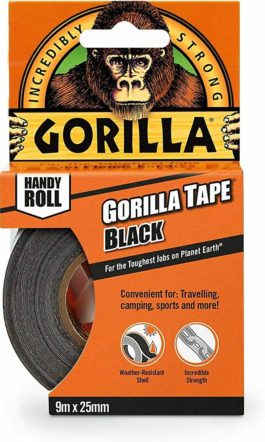 Gorilla Handy Roll Black Tape 9m x 25mm Tough Cloth for DIY Building Landscaping