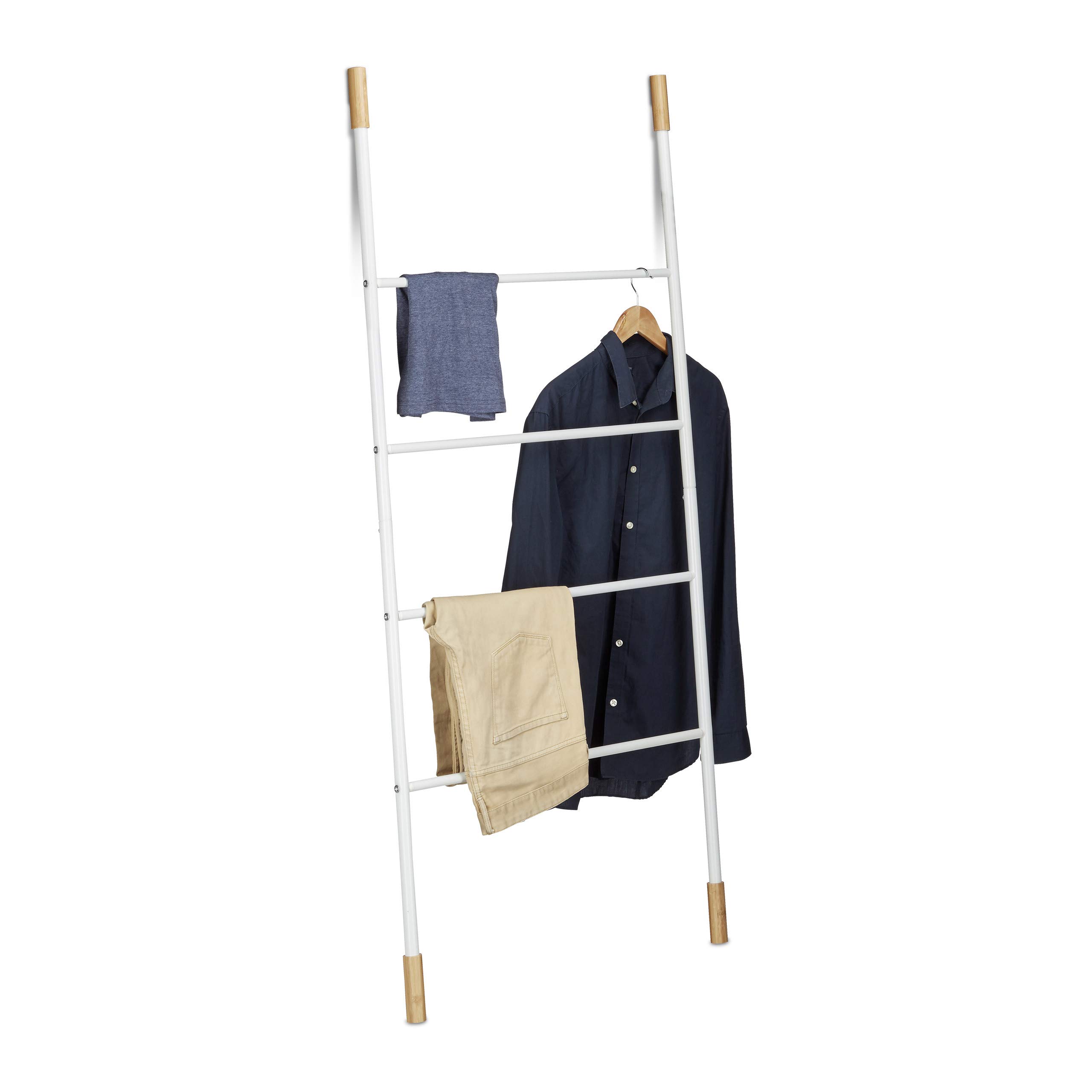 Relaxdays Metal Towel Ladder Rack, 4 Rungs, Freestanding Leaning Laundry Holder, Bamboo, HWD: 150x70x2cm, White