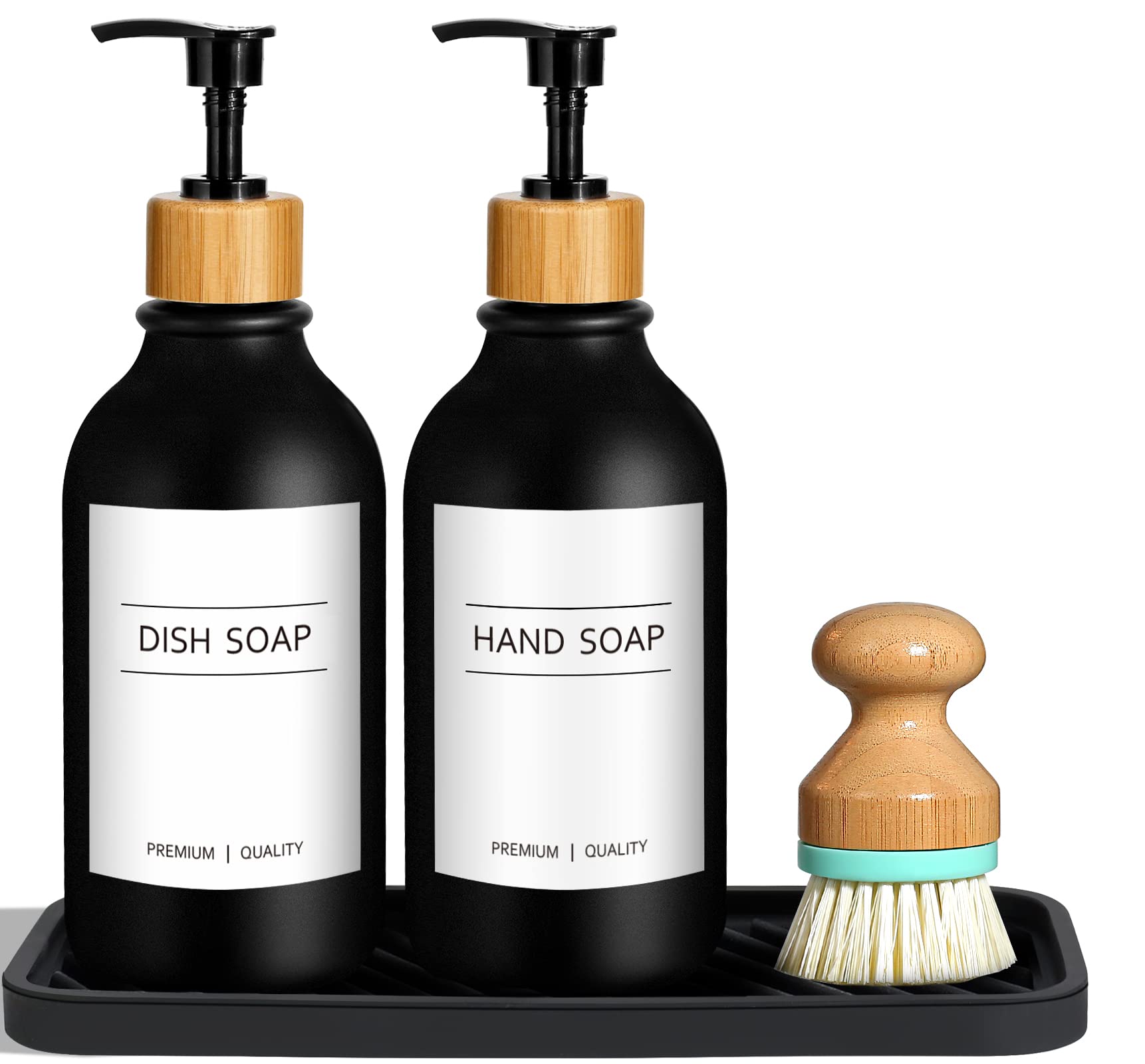 GMISUN Black Hand and Dish Soap Dispenser Set with Tray, 500 ML Plastic Kitchen Sink Soap Dispenser with Bamboo Dish Brush, Farmhouse Kitchen Washing Up Liquid Dispenser Bottle with Pump Bathroom